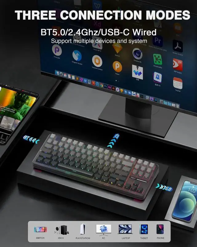 Alt view image 4 of 7 - F87 Pro 75% TKL Wireless Mechanical Keyboard, Tri-Mode BT5.0 2.4G USB-C Hot Swappable Gaming Keyboard, Pre-lubed Switch Side Printed PBT Keycaps RGB Backlit Custom Keyboard
