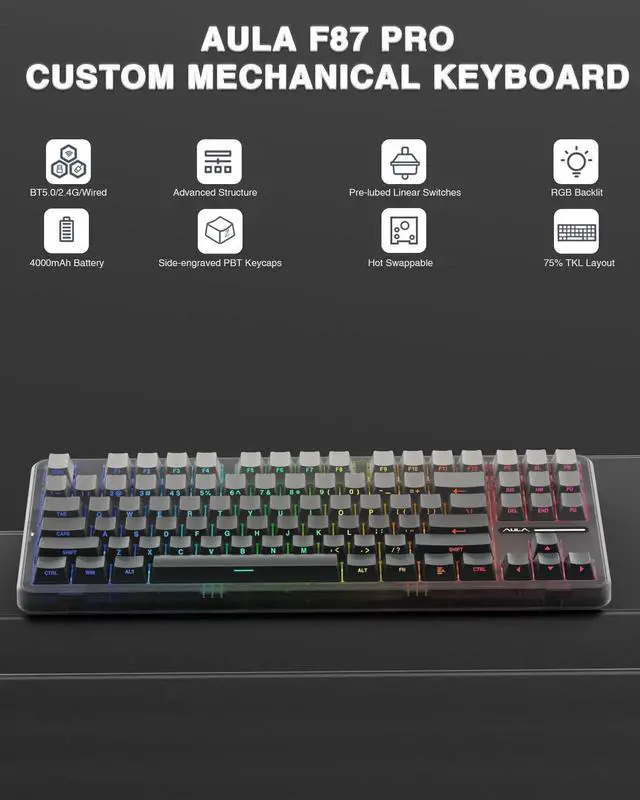 Alt view image 2 of 7 - F87 Pro 75% TKL Wireless Mechanical Keyboard, Tri-Mode BT5.0 2.4G USB-C Hot Swappable Gaming Keyboard, Pre-lubed Switch Side Printed PBT Keycaps RGB Backlit Custom Keyboard