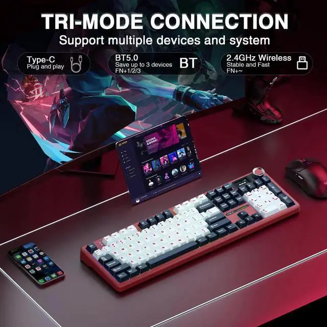 Alt view image 6 of 7 - F108 PRO Wireless Mechanical Keyboard, 104 Keys Full Size Gaming Keyboard with Screen & Knob, 8000mAh Battery Hot Swappable Keyboard, Pre-lubed Switch RGB Backlit PBT Keycaps Creamy Sound Keyboard
