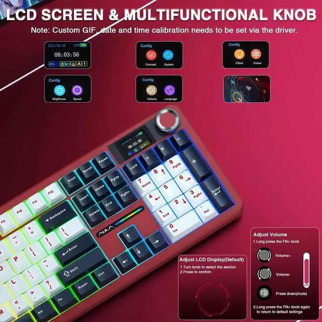 Alt view image 4 of 7 - F108 PRO Wireless Mechanical Keyboard, 104 Keys Full Size Gaming Keyboard with Screen & Knob, 8000mAh Battery Hot Swappable Keyboard, Pre-lubed Switch RGB Backlit PBT Keycaps Creamy Sound Keyboard