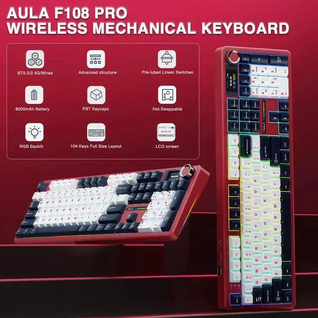 Alt view image 3 of 7 - F108 PRO Wireless Mechanical Keyboard, 104 Keys Full Size Gaming Keyboard with Screen & Knob, 8000mAh Battery Hot Swappable Keyboard, Pre-lubed Switch RGB Backlit PBT Keycaps Creamy Sound Keyboard