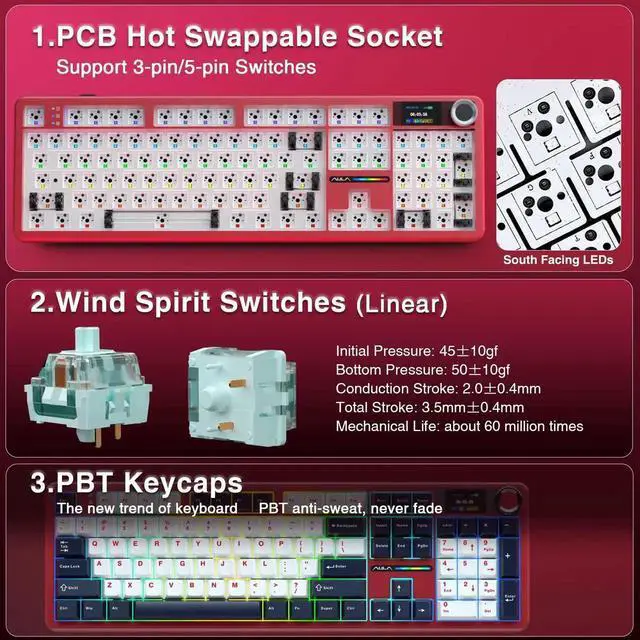 Alt view image 7 of 7 - F108 PRO Wireless Mechanical Keyboard, 104 Keys Full Size Gaming Keyboard with Screen & Knob, 8000mAh Battery Hot Swappable Keyboard, Pre-lubed Switch RGB Backlit PBT Keycaps Creamy Sound Keyboard