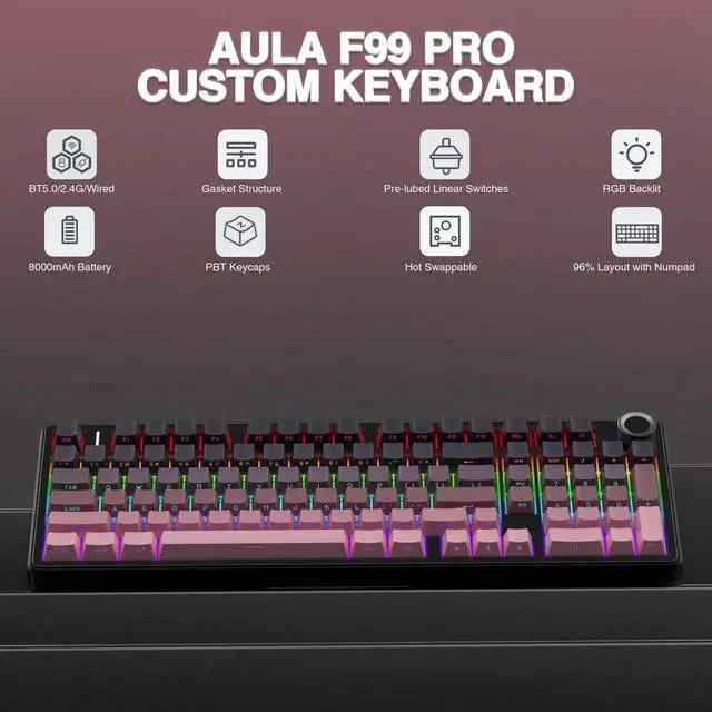 Alt view image 4 of 7 - F99 Pro Wireless Mechanical Keyboard with Control Knob, Tri-Mode BT5.0 2.4G USB-C Hot Swappable Gaming Keyboard, Gasket Structure Creamy Sound RGB Backlit Keyboard