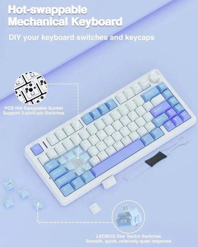 Alt view image 2 of 7 - F75 75% Wireless Mechanical Keyboard, Tri-Mode 2.4G BT5.0 Type-C Hot Swappable Gaming Keyboard, Pre-lubed Star Vector Switch RGB Backlit Creamy Typing Keyboard White Blue Purple