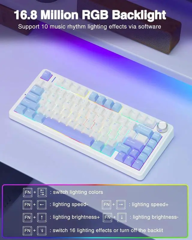 Alt view image 7 of 7 - F75 75% Wireless Mechanical Keyboard, Tri-Mode 2.4G BT5.0 Type-C Hot Swappable Gaming Keyboard, Pre-lubed Star Vector Switch RGB Backlit Creamy Typing Keyboard White Blue Purple