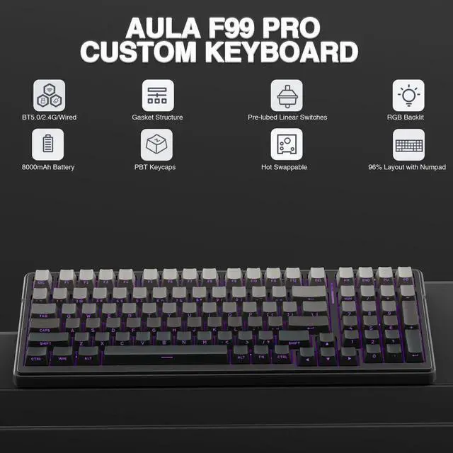 Alt view image 2 of 7 - F99 Pro Wireless Mechanical Keyboard, Tri-Mode 2.4G BT5.0 USB-C Gasket Structure Hot Swappable Gaming Keyboard, Side Printed PBT Keycaps RGB Backlit Creamy Sound Keyboard