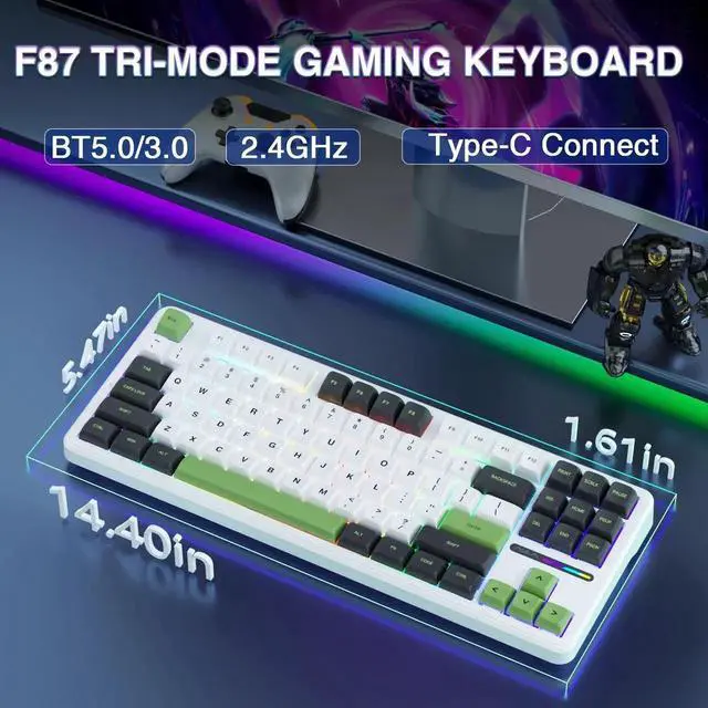 Alt view image 3 of 7 - F87 75% TKL Wireless Mechanical Keyboard, Tri-Mode 2.4G BT5.0 USB-C Hot Swappable Gaming Keyboard, Pre-lubed Greywood Switch PBT Keycaps RGB Backlit Creamy Typing Keyboard