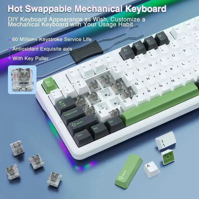 Alt view image 7 of 7 - F87 75% TKL Wireless Mechanical Keyboard, Tri-Mode 2.4G BT5.0 USB-C Hot Swappable Gaming Keyboard, Pre-lubed Greywood Switch PBT Keycaps RGB Backlit Creamy Typing Keyboard
