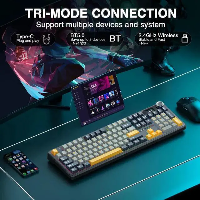 Alt view image 6 of 7 - F108 PRO 104 Keys Wireless Mechanical Keyboard with Screen & Knob, 8000mAh Battery Hot Swappable Gaming Keyboard, Pre-lubed Switch RGB Backlit PBT Keycaps Creamy Sound Keyboard