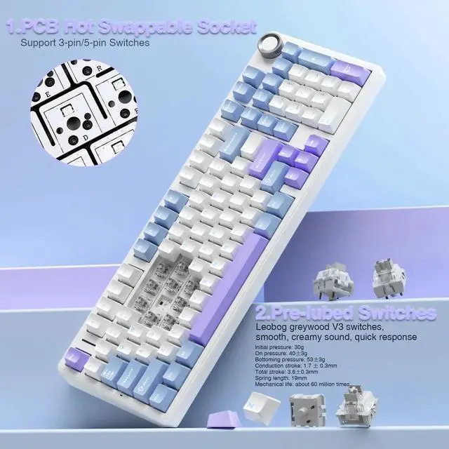 Alt view image 4 of 7 - F99 Pro Wireless Mechanical Keyboard with Control Knob, Gasket Structure Hot Swappable Gaming Keyboard, Tri-Mode BT5.0 2.4G USB-C Creamy Sound RGB Backlit Keyboard