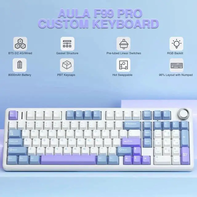 Alt view image 3 of 7 - F99 Pro Wireless Mechanical Keyboard with Control Knob, Gasket Structure Hot Swappable Gaming Keyboard, Tri-Mode BT5.0 2.4G USB-C Creamy Sound RGB Backlit Keyboard