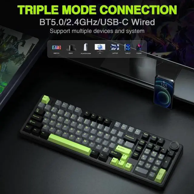 Alt view image 5 of 7 - F99 Pro Wireless Mechanical Keyboard with Knob, Gasket Structure Hot Swappable Gaming Keyboard, Tri-Mode 2.4G BT5.0 USB-C Creamy Sound RGB Backlit Keyboard