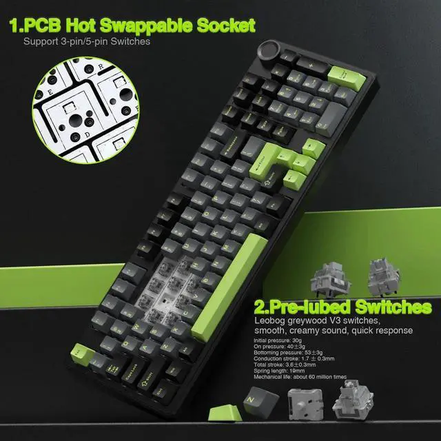 Alt view image 3 of 7 - F99 Pro Wireless Mechanical Keyboard with Knob, Gasket Structure Hot Swappable Gaming Keyboard, Tri-Mode 2.4G BT5.0 USB-C Creamy Sound RGB Backlit Keyboard