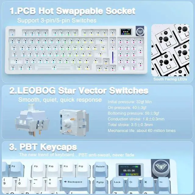 Alt view image 3 of 7 - S98 Pro Wireless Mechanical Keyboard With Smart Display Knob Tri Mode BT5.0 2.4G USB C Hot Swappable Linear Switch RGB Gaming Keyboard For Laptop Desktop Phone Game Console