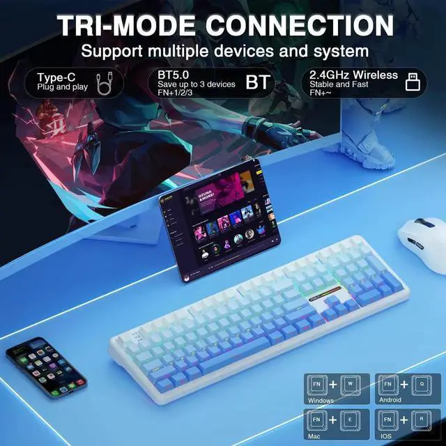 Alt view image 6 of 7 - F108 Full Size Wireless Mechanical Keyboard 108 Keys With Number Pad Tri Mode BT5.0 2.4G USB-C Hot Swappable Pre-lubed Switch PBT Keycaps RGB Backlit Gaming Keyboard