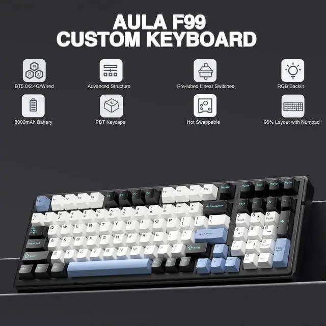 Alt view image 3 of 7 - F99 Tri-Mode Wireless Mechanical Keyboard BT5.0 2.4G USB-C Hot Swappable Pre-lubed Linear Switch RGB Backlit Gaming Keyboard Compatible with PC Tablet PS4 PS5 Xbox