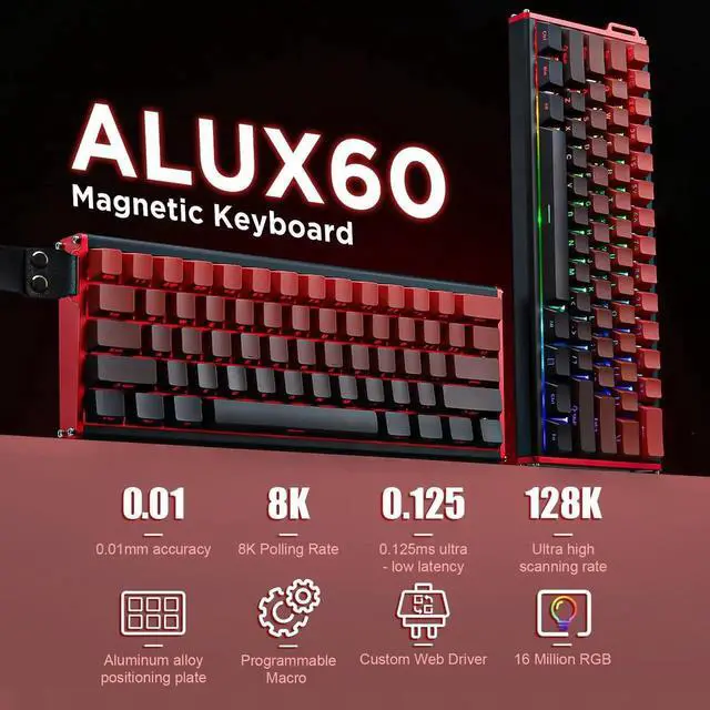 Alt view image 3 of 7 - Alux60 60% Wired Mechanical Gaming Keyboard Hall Effect Magnetic Switch Hot Swappable Rapid Trigger 8KHz Polling Rate RGB Compact Keyboard Compatible with Mac Windows Red