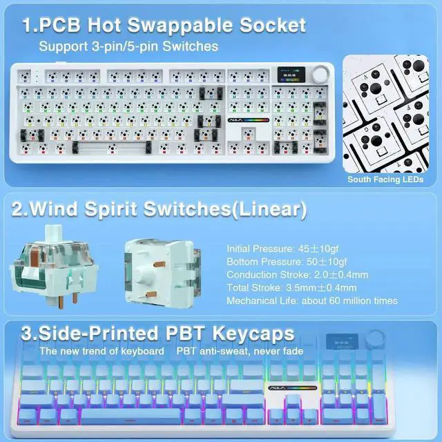 Alt view image 3 of 7 - F108 Pro Wireless Mechanical Keyboard With Smart Screen & Knob 104 Keys Full Size Hot Swappable Pre-lubed Switch PBT Keycaps RGB Gaming Keyboard Built-in 8000mAh Battery