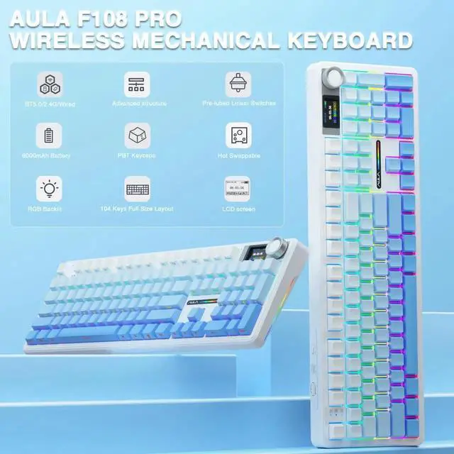 Alt view image 6 of 7 - F108 Pro Wireless Mechanical Keyboard With Smart Screen & Knob 104 Keys Full Size Hot Swappable Pre-lubed Switch PBT Keycaps RGB Gaming Keyboard Built-in 8000mAh Battery