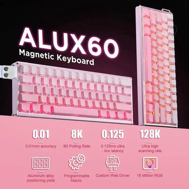 Alt view image 2 of 7 - Alux60 Wired Gaming Keyboard Aluminum Frame Hall Effect Magnetic Switch 8K Polling Rate 0.125ms Low Latency 128K Scan Rate Side Printed PBT Keycaps RGB Backlit Pink