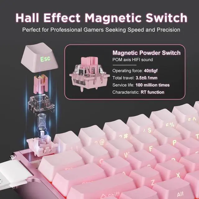 Alt view image 7 of 7 - Alux60 Wired Gaming Keyboard Aluminum Frame Hall Effect Magnetic Switch 8K Polling Rate 0.125ms Low Latency 128K Scan Rate Side Printed PBT Keycaps RGB Backlit Pink