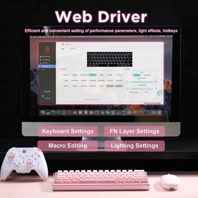 Alt view image 4 of 7 - Alux60 Wired Gaming Keyboard Aluminum Frame Hall Effect Magnetic Switch 8K Polling Rate 0.125ms Low Latency 128K Scan Rate Side Printed PBT Keycaps RGB Backlit Pink