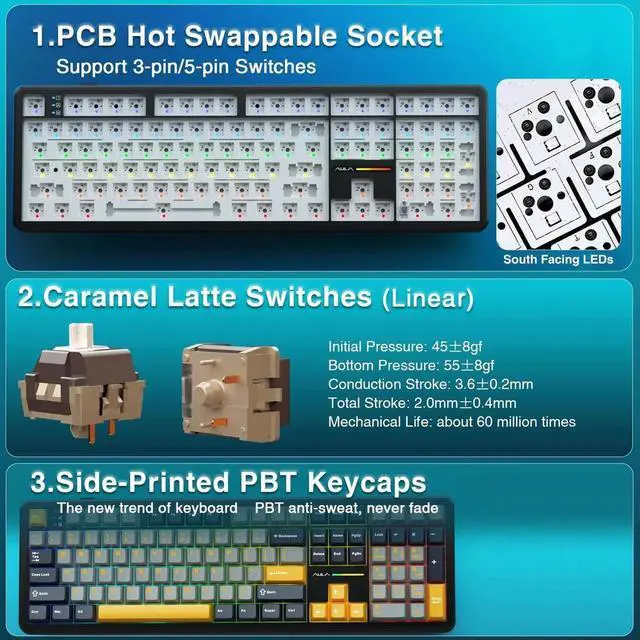 Alt view image 6 of 7 - F108 Full Size 108 Keys Wireless Mechanical Keyboard Tri-Mode BT5.0 2.4GHz USB-C Hot Swappable Pre-lubed Switch PBT Keycaps RGB Gaming Keyboard with Numpad