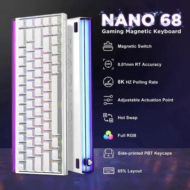 Alt view image 6 of 7 - Mad Nano 68 60% Wired Mechanical Keyboard Hall Effect Magnetic Switch Rapid Trigger 8KHz Polling Rate QMK Programmable RGB Side Printed PBT Keycaps Gaming Keyboard for Windows Mac