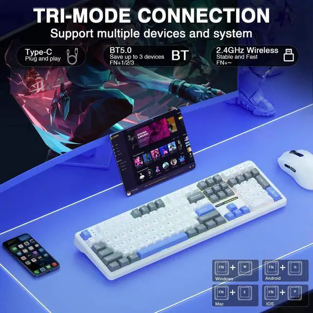 Alt view image 2 of 7 - F108 108 Keys Full Size Wireless Mechanical Keyboard Tri-Mode BT5.0 2.4G USB-C Hot Swappable Pre-lubed Switch PBT Keycaps RGB Gaming Keyboard with Numpad