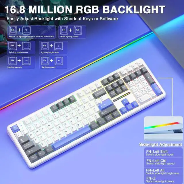 Alt view image 6 of 7 - F108 108 Keys Full Size Wireless Mechanical Keyboard Tri-Mode BT5.0 2.4G USB-C Hot Swappable Pre-lubed Switch PBT Keycaps RGB Gaming Keyboard with Numpad