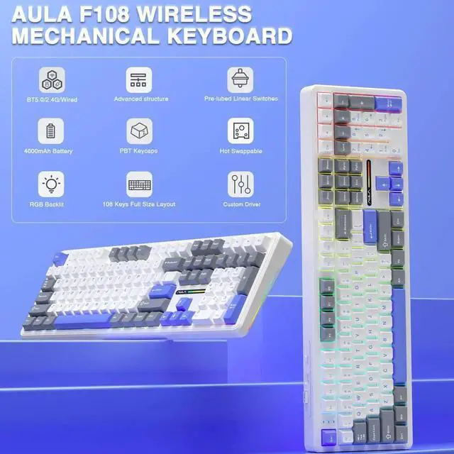 Alt view image 5 of 7 - F108 108 Keys Full Size Wireless Mechanical Keyboard Tri-Mode BT5.0 2.4G USB-C Hot Swappable Pre-lubed Switch PBT Keycaps RGB Gaming Keyboard with Numpad