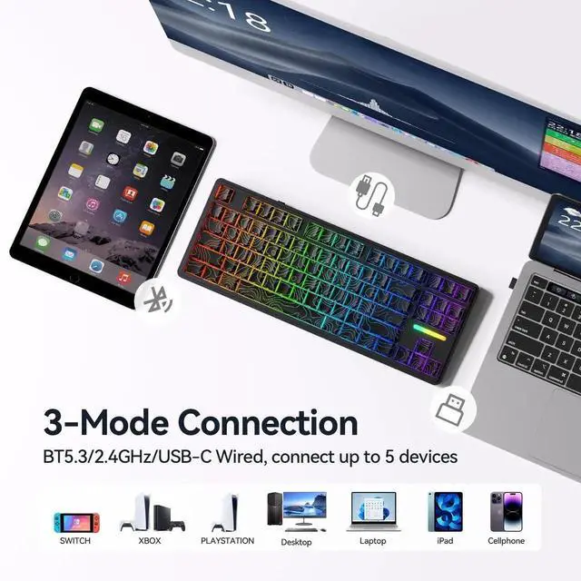 Alt view image 4 of 7 - Tri-Mode Wireless Mechanical Gaming Keyboard 10000mAh Large Battery BT5.3 2.4G USB-C Hot Swappable 15-Layer Gasket Structure RGB Side Printed PBT Keycaps Custom Keyboard
