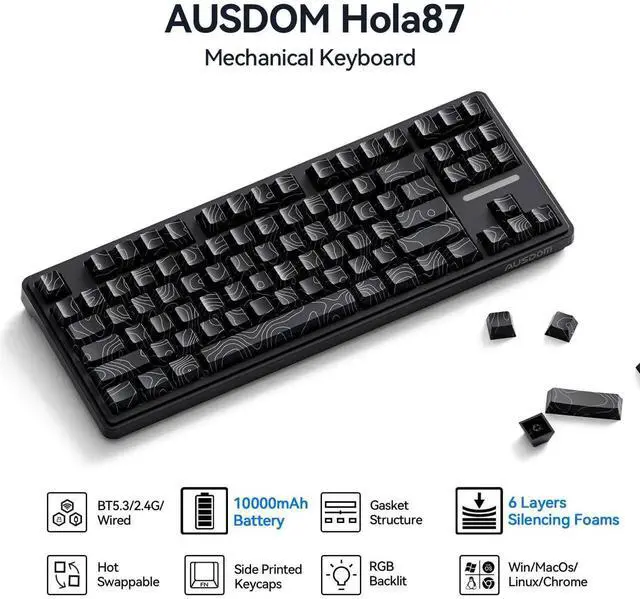Alt view image 2 of 7 - Tri-Mode Wireless Mechanical Gaming Keyboard 10000mAh Large Battery BT5.3 2.4G USB-C Hot Swappable 15-Layer Gasket Structure RGB Side Printed PBT Keycaps Custom Keyboard