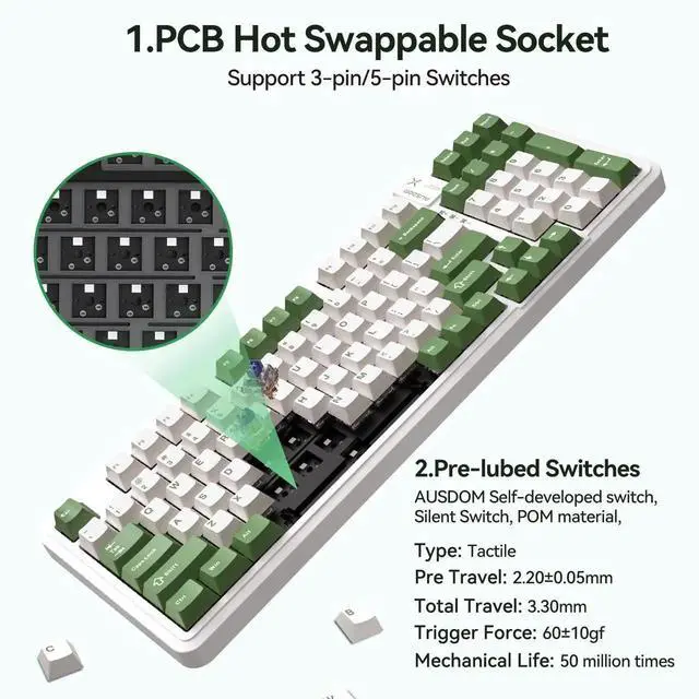 Alt view image 2 of 7 - 98Pro Tri-Mode Silent Wireless Mechanical Keyboard Gasket Structure Hot Swappable Pre-lubed Tactile Switch RGB Backlit Gaming Keyboard Green White