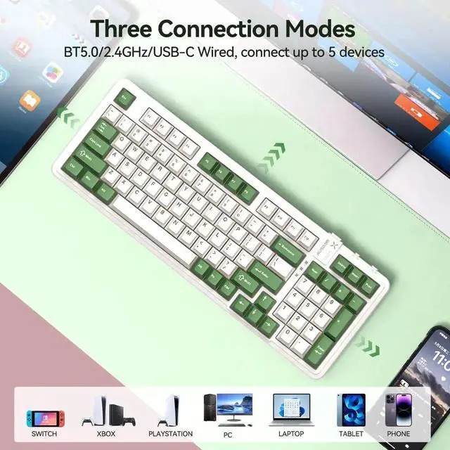 Alt view image 7 of 7 - 98Pro Tri-Mode Silent Wireless Mechanical Keyboard Gasket Structure Hot Swappable Pre-lubed Tactile Switch RGB Backlit Gaming Keyboard Green White