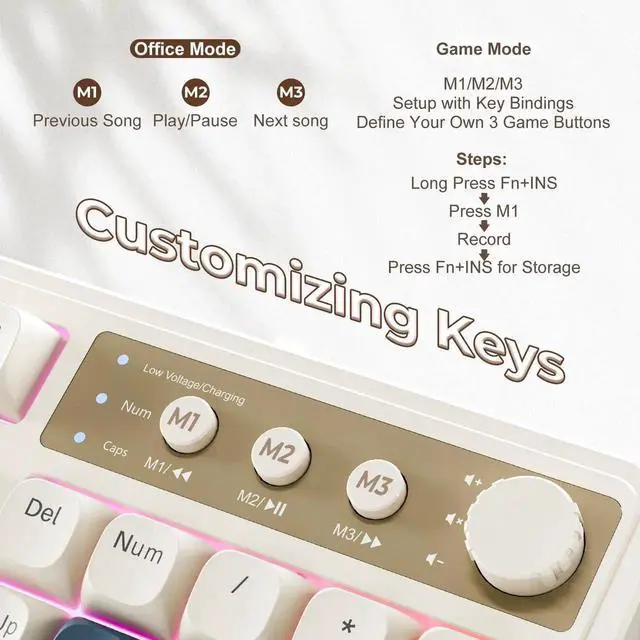 Alt view image 2 of 6 - 99 Keys Tri-Mode Wireless Membrane Gaming Keyboard Retro Creamy Color BT 2.4G USB-C With Numpad Media Knob Programmable RGB Keyboard Blue Grey