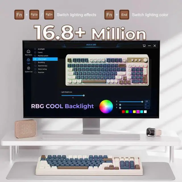 Alt view image 5 of 6 - 99 Keys Tri-Mode Wireless Membrane Gaming Keyboard Retro Creamy Color BT 2.4G USB-C With Numpad Media Knob Programmable RGB Keyboard Blue Grey
