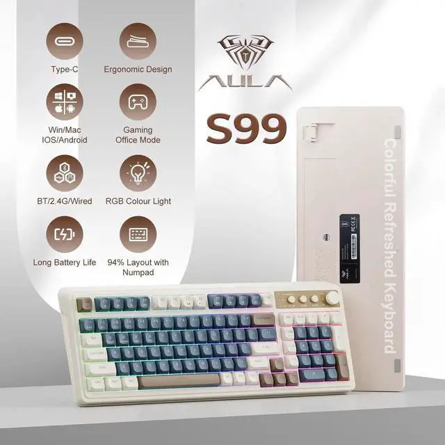 Alt view image 6 of 6 - 99 Keys Tri-Mode Wireless Membrane Gaming Keyboard Retro Creamy Color BT 2.4G USB-C With Numpad Media Knob Programmable RGB Keyboard Blue Grey