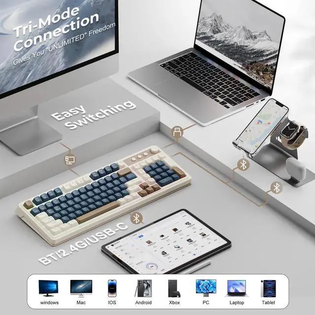 Alt view image 4 of 6 - 99 Keys Tri-Mode Wireless Membrane Gaming Keyboard Retro Creamy Color BT 2.4G USB-C With Numpad Media Knob Programmable RGB Keyboard Blue Grey