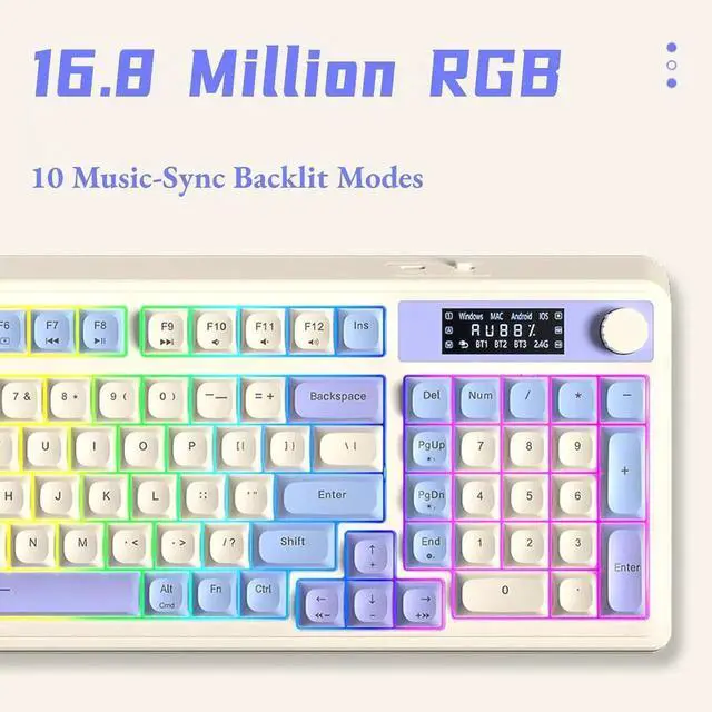Alt view image 7 of 7 - S99 Pro Tri-Mode Wireless Membrane Keyboard BT 2.4G USB-C Media Knob Custom RGB Backlit Creamy Cute Gaming Keyboard Blue White for Windows Mac PC