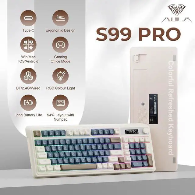 Alt view image 5 of 7 - S99 Pro Tri-Mode Wireless Membrane Keyboard BT 2.4G USB-C Media Knob Custom RGB Backlit Creamy Cute Gaming Keyboard Blue White for Windows Mac PC