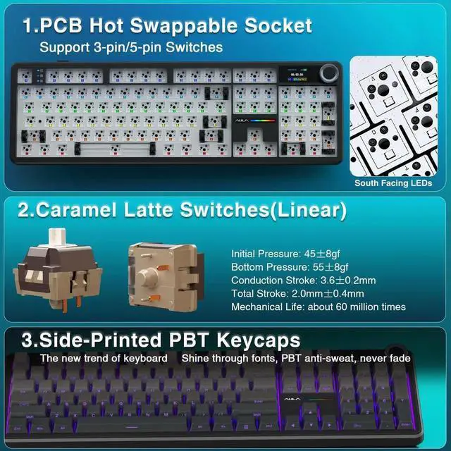 Alt view image 6 of 7 - F108 Pro Full Size Wireless Mechanical Keyboard with Smart Screen & Media Knob, 8000mAh Large Battery, Hot Swappable Pre-lubed Switches, Side Printed PBT Keycaps RGB Backlit Custom Gaming Keyboard