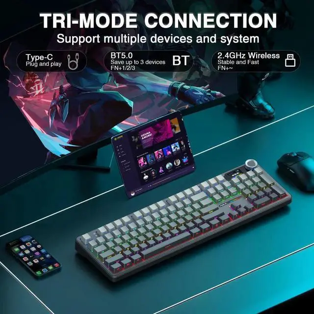 Alt view image 5 of 7 - F108 Pro Full Size Wireless Mechanical Keyboard with Smart Screen & Media Knob, 8000mAh Large Battery, Hot Swappable Pre-lubed Switches, Side Printed PBT Keycaps RGB Backlit Custom Gaming Keyboard