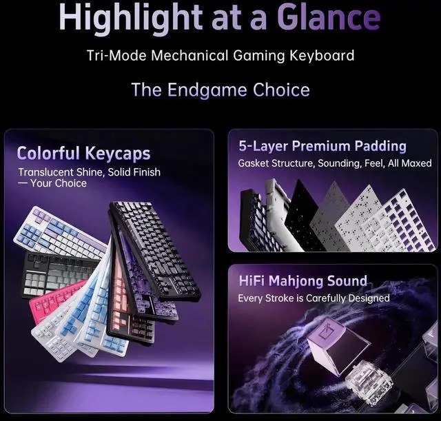 Alt view image 5 of 7 - A87 Pro 87 Keys TKL Wireless Mechanical Keyboard Gasket Mount Hot Swappable Tri-Mode RGB Backlit Shadow Purple Gaming Keyboard