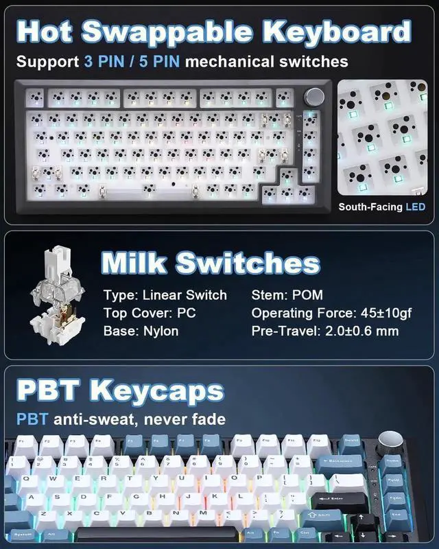 Alt view image 3 of 7 - Y75 Gasket Tri-Mode Wireless Mechanical Keyboard,75% Hot Swappable Keyboard with Control Knob,Pre-lubed Milk Linear Switch,Doubleshot PBT Keycaps RGB Gaming Keyboard Black Blue