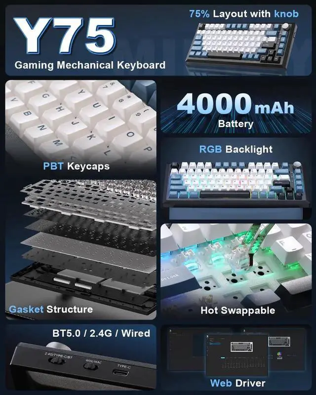 Alt view image 6 of 7 - Y75 Gasket Tri-Mode Wireless Mechanical Keyboard,75% Hot Swappable Keyboard with Control Knob,Pre-lubed Milk Linear Switch,Doubleshot PBT Keycaps RGB Gaming Keyboard Black Blue