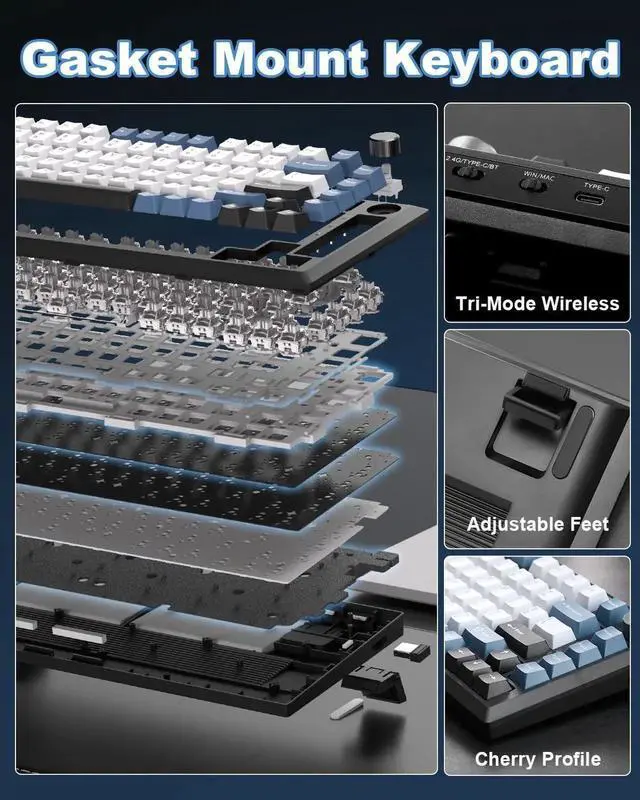Alt view image 4 of 7 - Y75 Gasket Tri-Mode Wireless Mechanical Keyboard,75% Hot Swappable Keyboard with Control Knob,Pre-lubed Milk Linear Switch,Doubleshot PBT Keycaps RGB Gaming Keyboard Black Blue