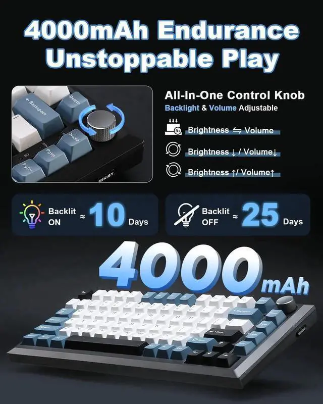 Alt view image 2 of 7 - Y75 Gasket Tri-Mode Wireless Mechanical Keyboard,75% Hot Swappable Keyboard with Control Knob,Pre-lubed Milk Linear Switch,Doubleshot PBT Keycaps RGB Gaming Keyboard Black Blue