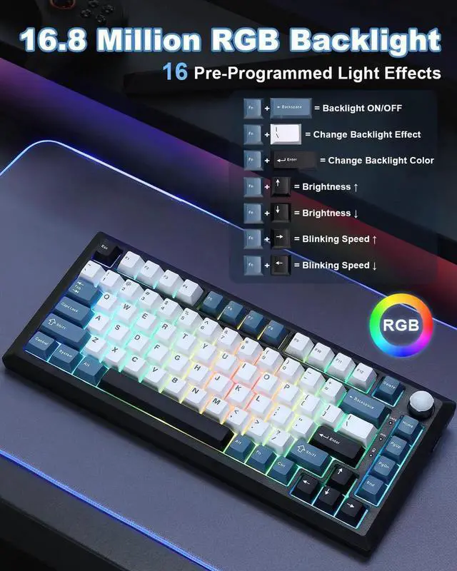 Alt view image 5 of 7 - Y75 Gasket Tri-Mode Wireless Mechanical Keyboard,75% Hot Swappable Keyboard with Control Knob,Pre-lubed Milk Linear Switch,Doubleshot PBT Keycaps RGB Gaming Keyboard Black Blue