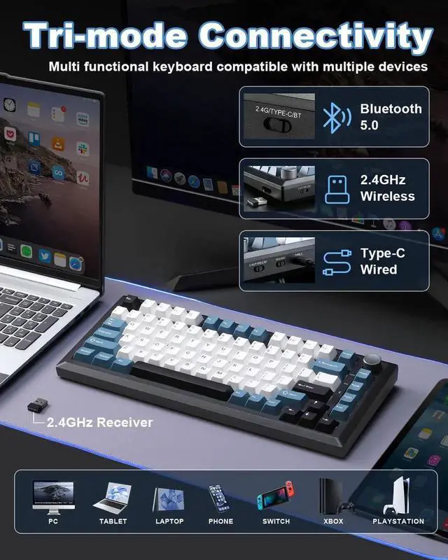 Alt view image 7 of 7 - Y75 Gasket Tri-Mode Wireless Mechanical Keyboard,75% Hot Swappable Keyboard with Control Knob,Pre-lubed Milk Linear Switch,Doubleshot PBT Keycaps RGB Gaming Keyboard Black Blue